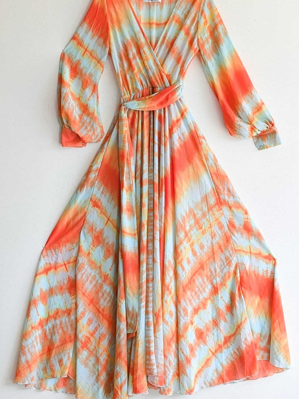 Meghan Los Angeles LilyPad Bright 70s Tie Dye Orange & Blue Long Maxi Dress Med